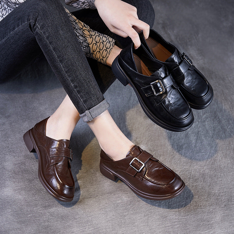 Women Retro Plain Leather Buckle Work Loafers-RAIIFY