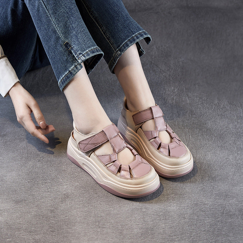 Women Plain Leather Round Head Platform Casual Sandals-RAIIFY