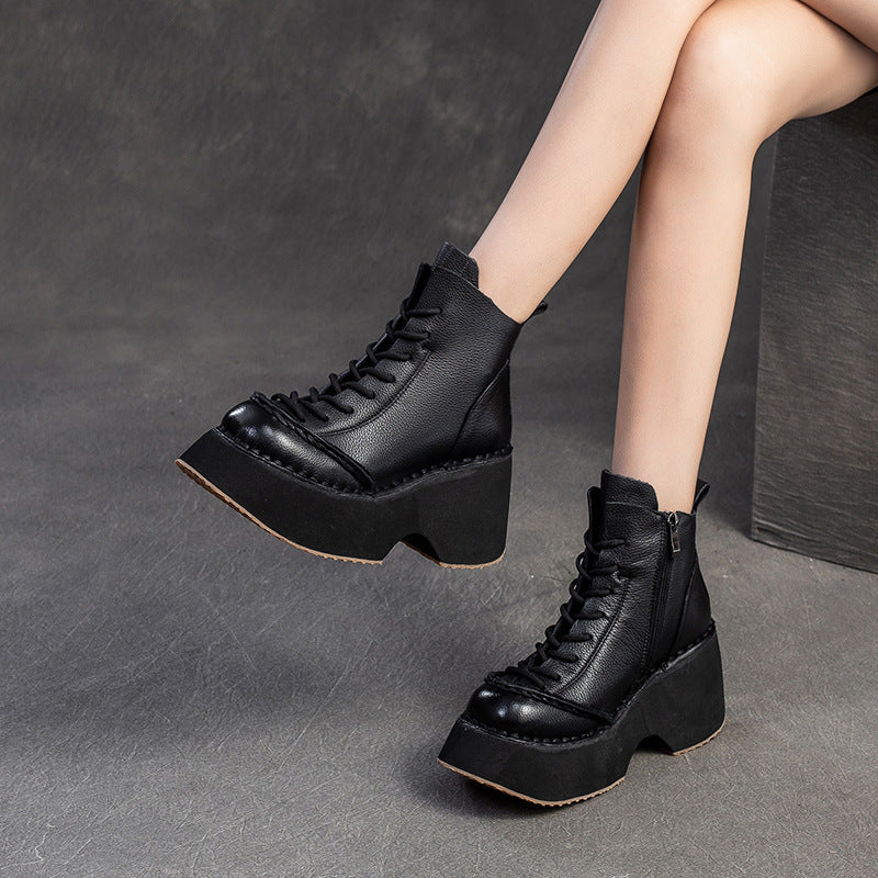 Women Retro Minimalism Leather Chunky Platform Boots-RAIIFY