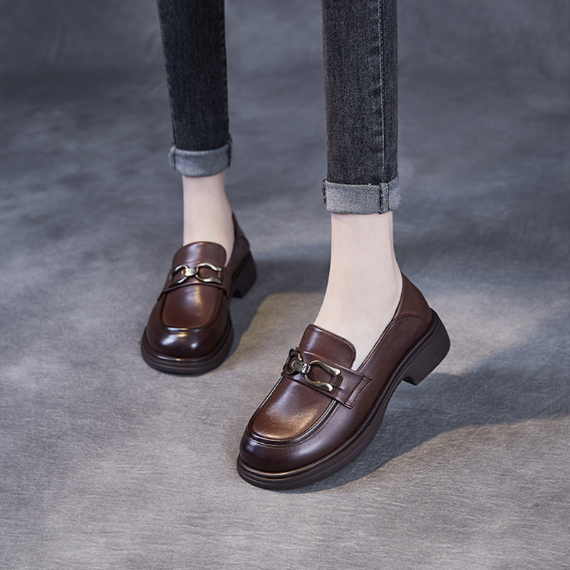 Women Retro Solid Soft Leather Casual Loafers-RAIIFY