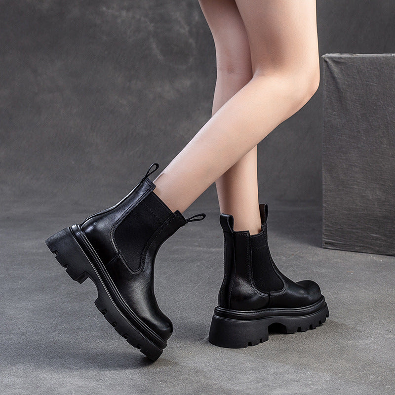 Women Minimalism Leather Casual Furred Platform Boots-RAIIFY