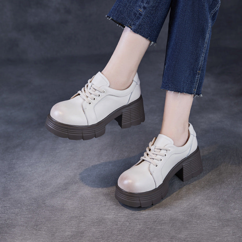 Women Minimalism Solid Leather Round Head Mary Jane Shoes-RAIIFY