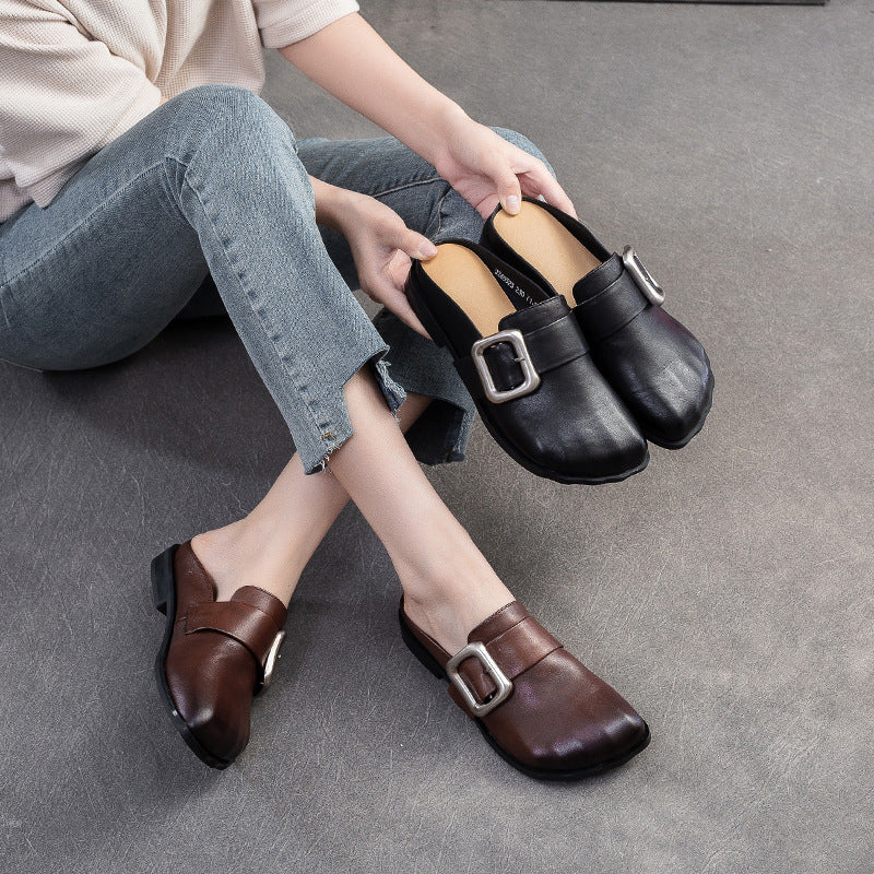 Women Retro Leather Casual Flat Mules-RAIIFY