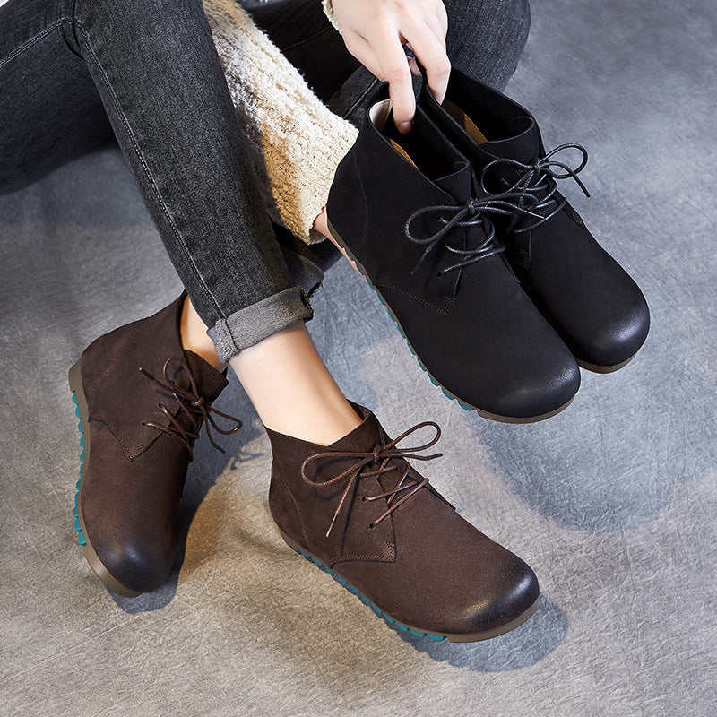 Women Vintage Solid Leather Soft Flat Ankle Boots-RAIIFY