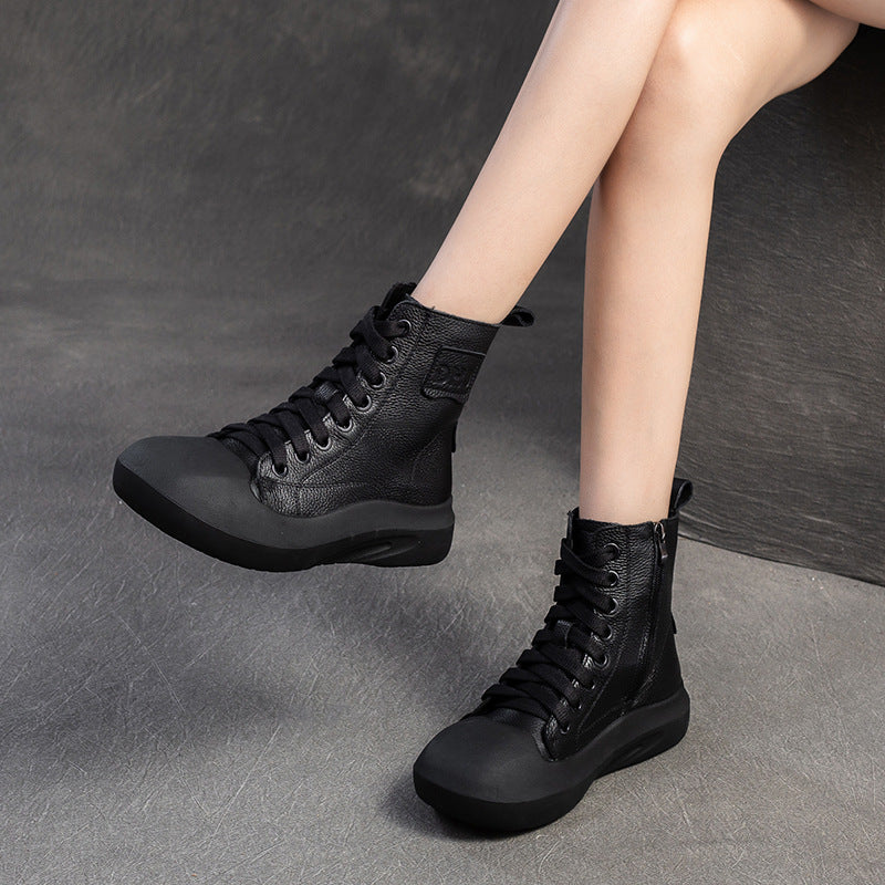 Women Vintage Minimalism Solid Leahter Flat Casual Boots-RAIIFY