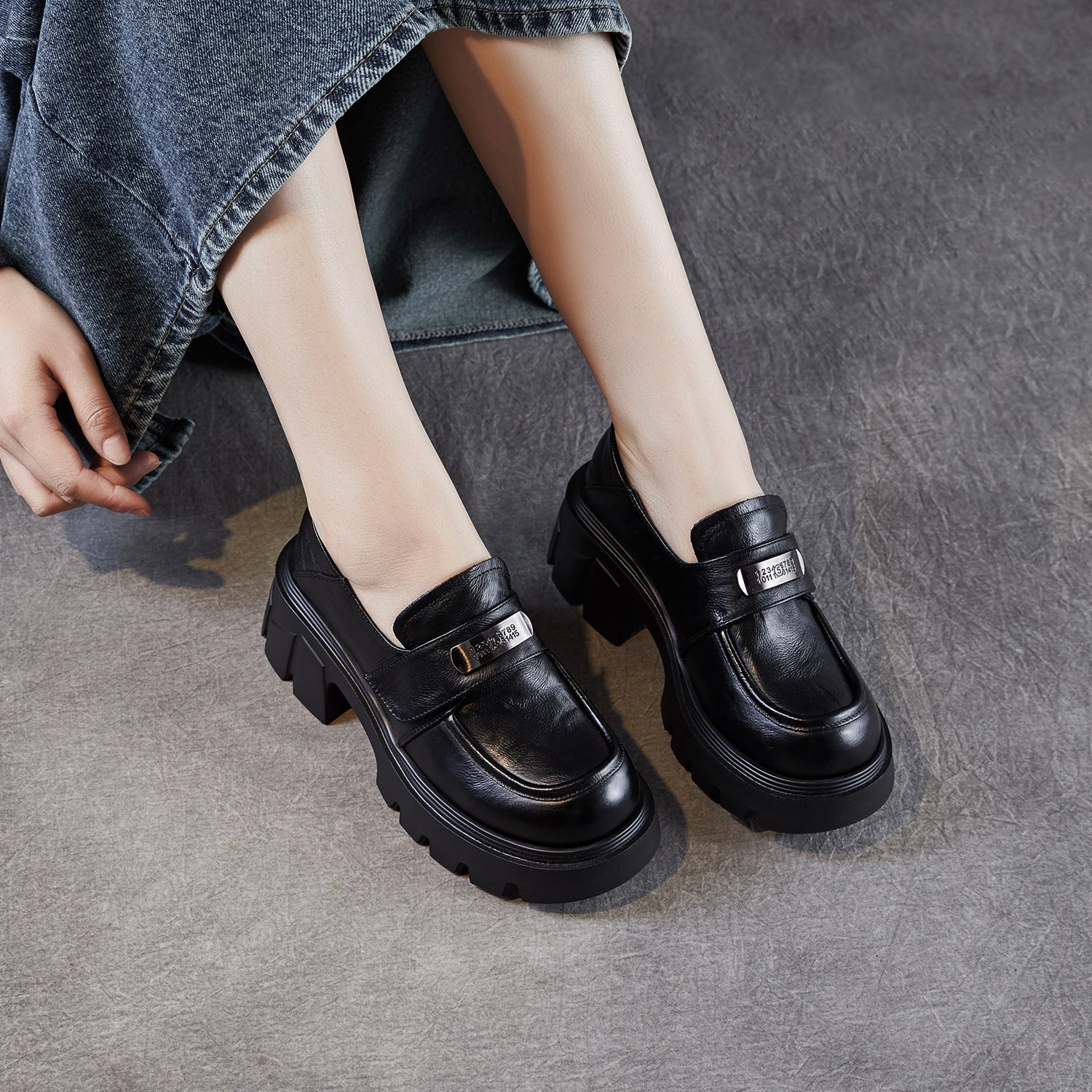 Women's Vintage Leather Metal Buckle Platform Loafers-RAIIFY
