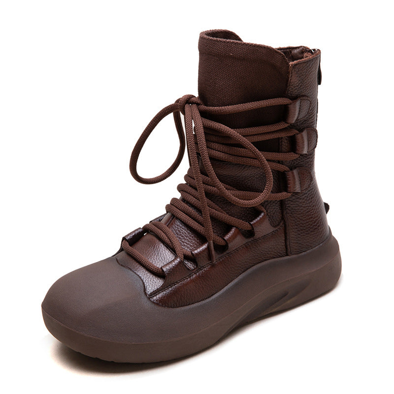 Women Vintage Lacing Back Zipper Leather Boots-RAIIFY