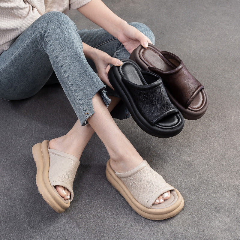 Women Casual Leather Soft Platform Slides Sandals-RAIIFY