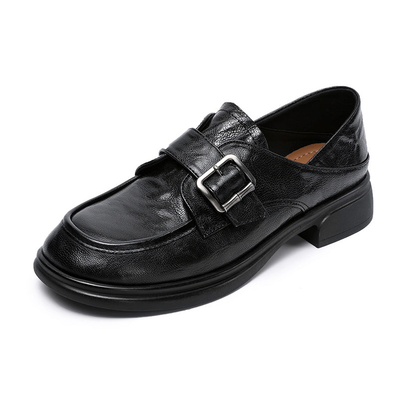 Women Retro Plain Leather Buckle Work Loafers-RAIIFY