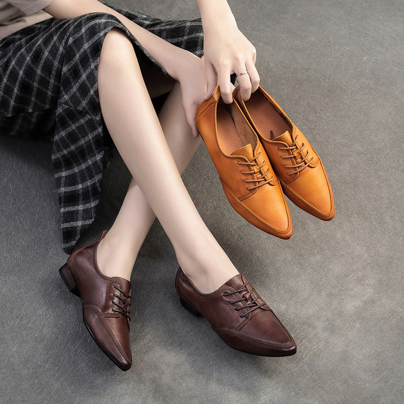 Women Retro Solid Leather Pointed Toe Work Shoes-RAIIFY