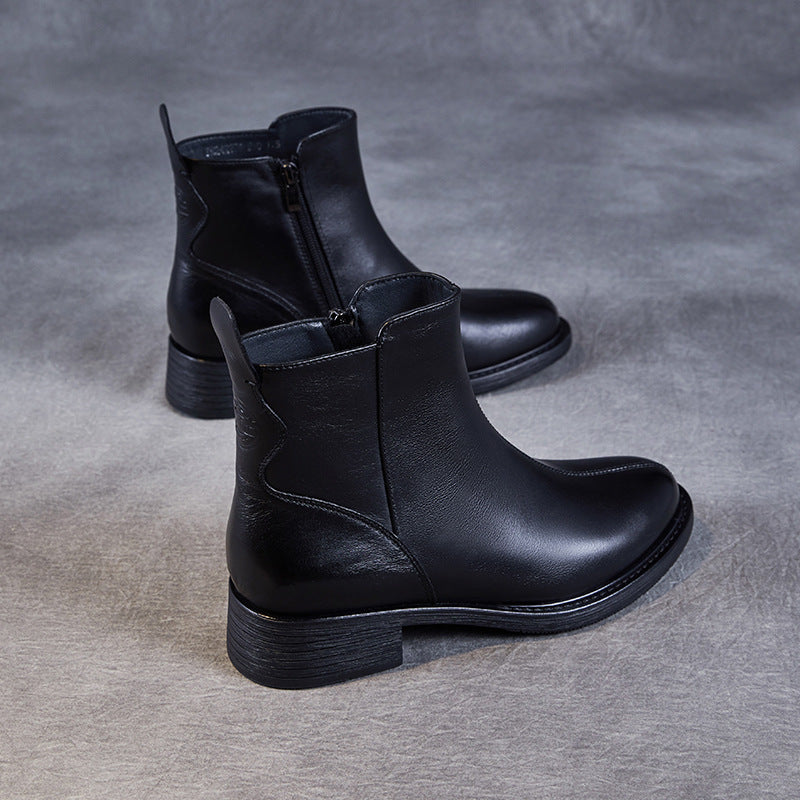 Women Retro Solid Leather Casual Ankle Boots-RAIIFY