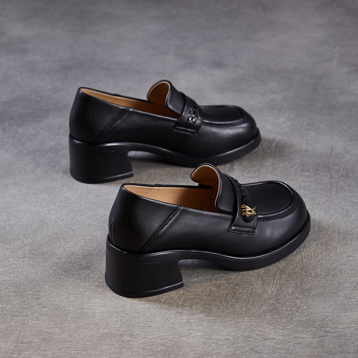 Women's Plain Leather Casual Chunky Heel Loafers-RAIIFY