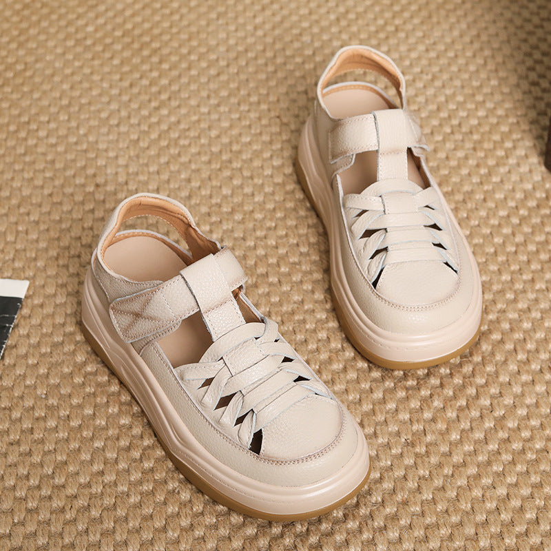 Women's Casual Plaited Leather Round Head Velcro Sandals-RAIIFY
