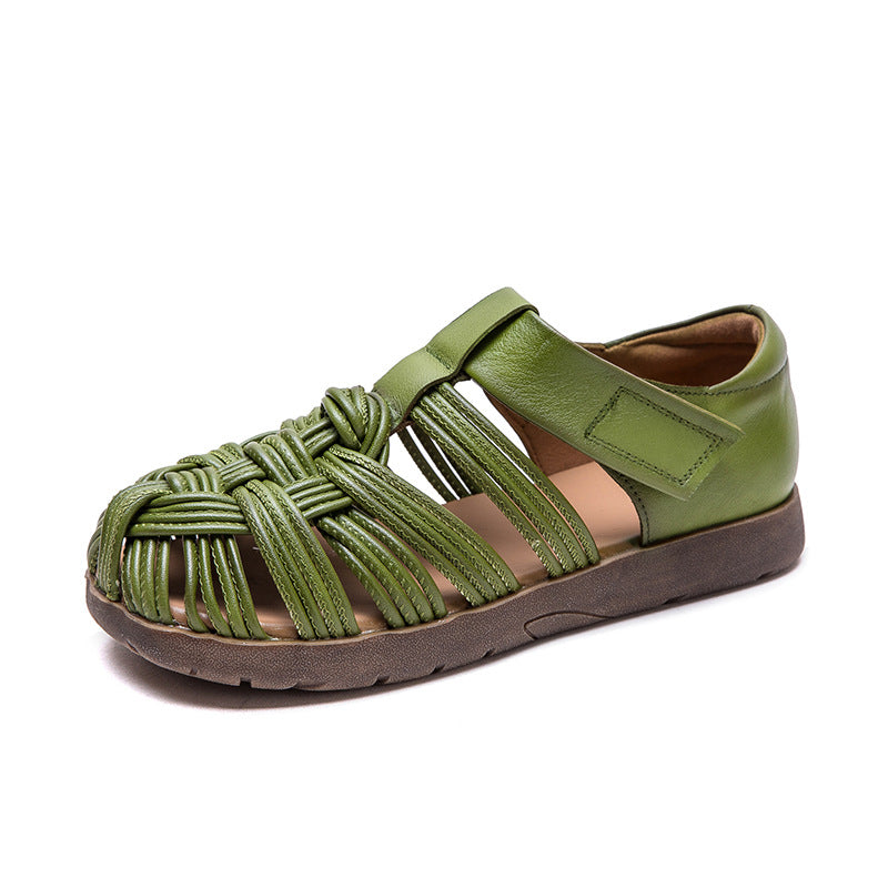Women Retro Round Head Plaited Leather Casual Sandals-RAIIFY