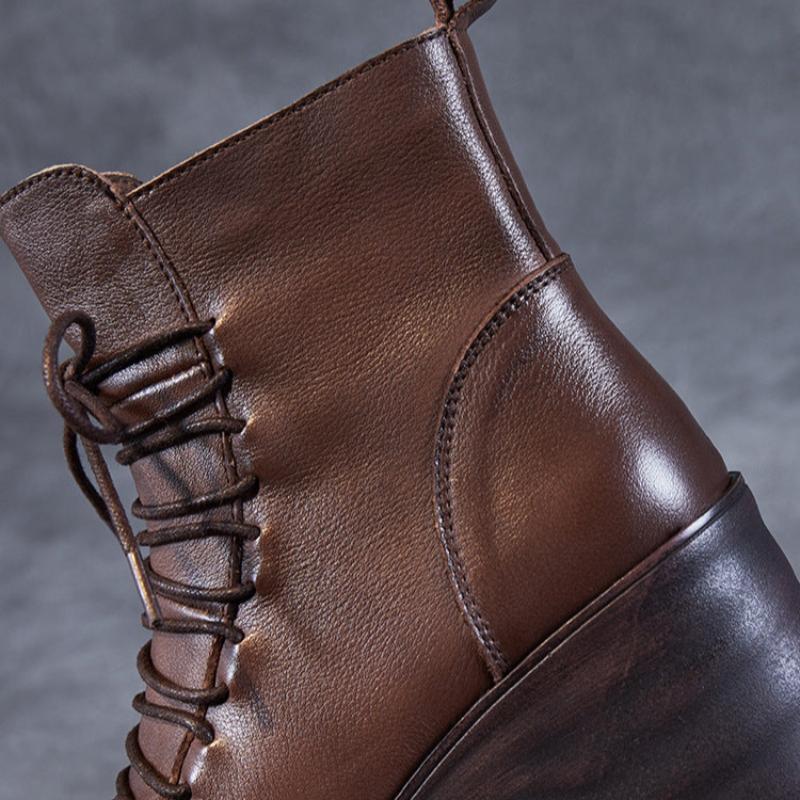 Women Vintage Solid Leather Chunky Platform Boots-RAIIFY