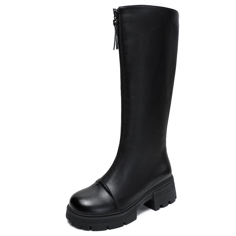 Women's Solid Leather Knee High Riding Boots-RAIIFY