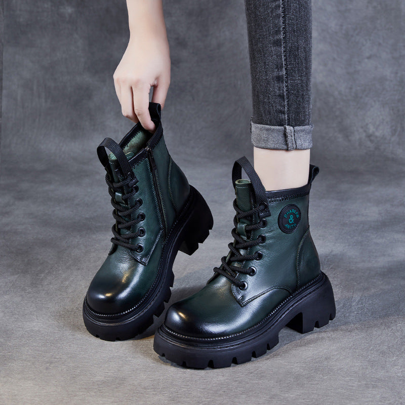 Women Vintage Leather Thick Soled Combat Boots-RAIIFY