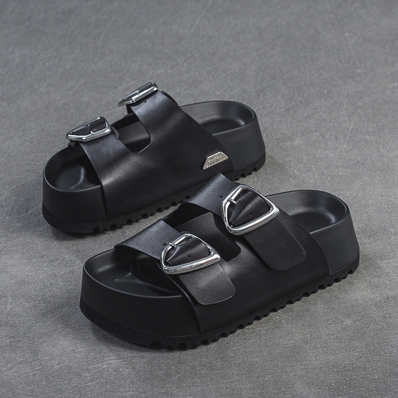 Women Soft Leather Thick Soled Casual Slides Sandals-RAIIFY