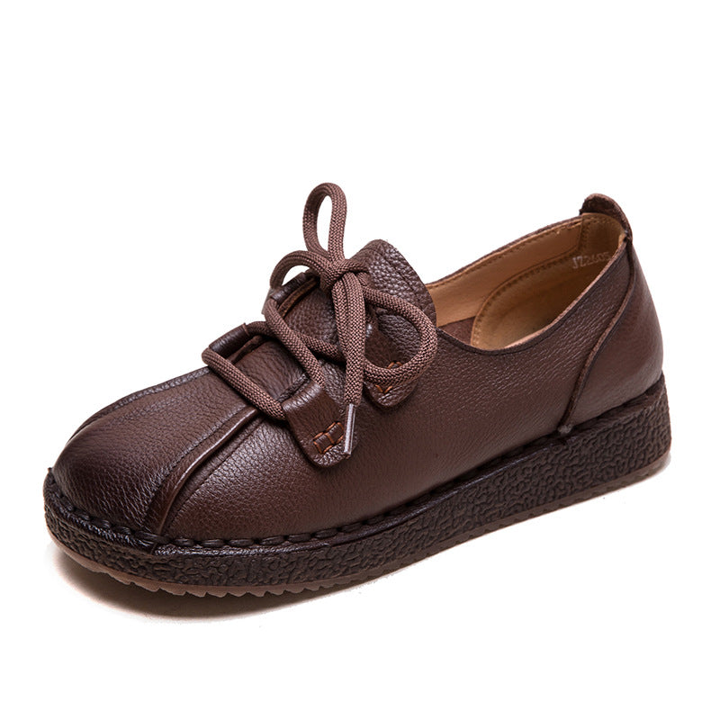 Women Retro Solid Leather Soft Flat Casual Shoes-RAIIFY