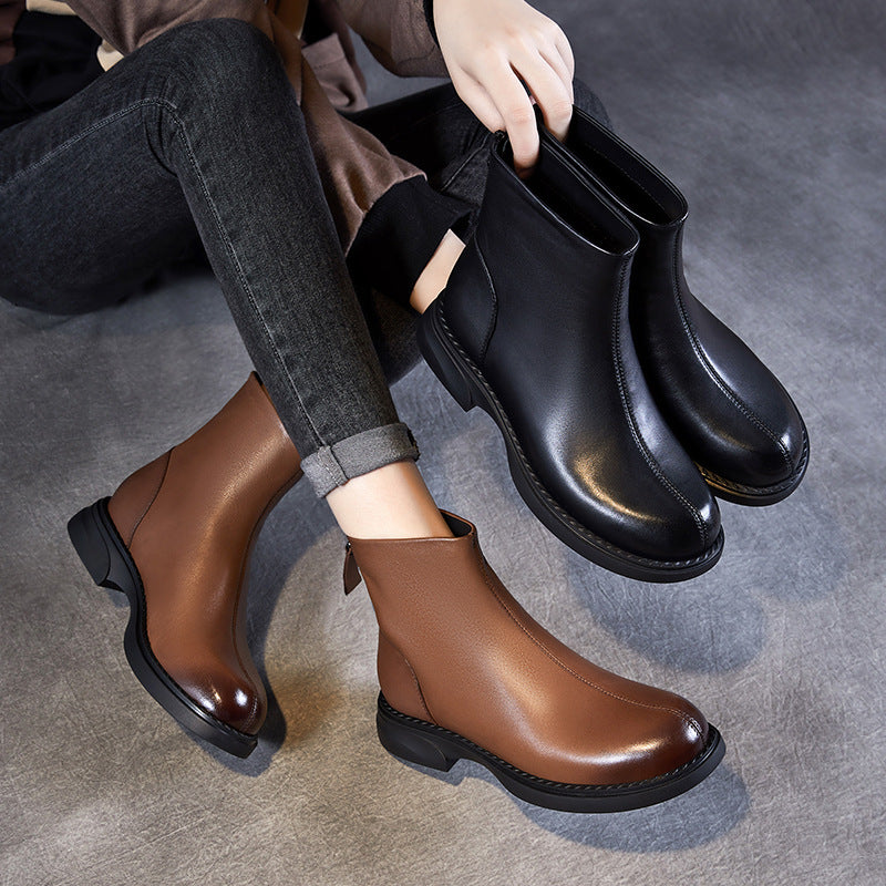 Women Solid Sheepskin Leather Casual Boots-RAIIFY