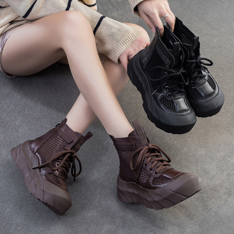 Women Plain Hollow Mesh Leather Platform Boots-RAIIFY