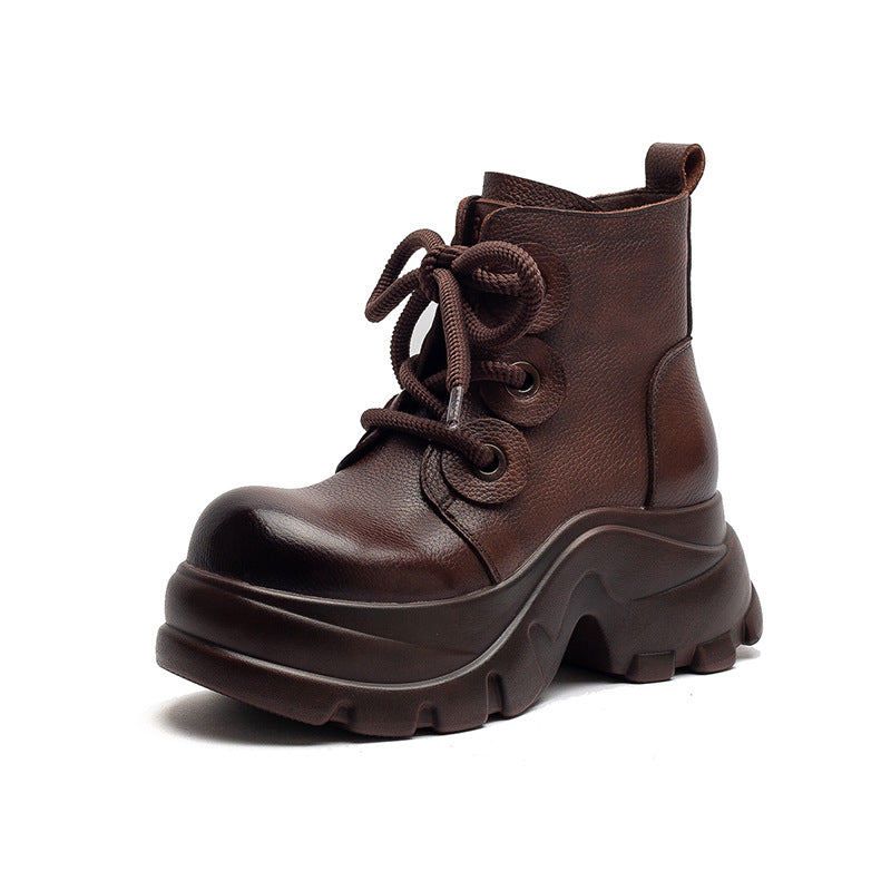 Women's Retro Plain Leather Platform Motorcycle Boots-RAIIFY