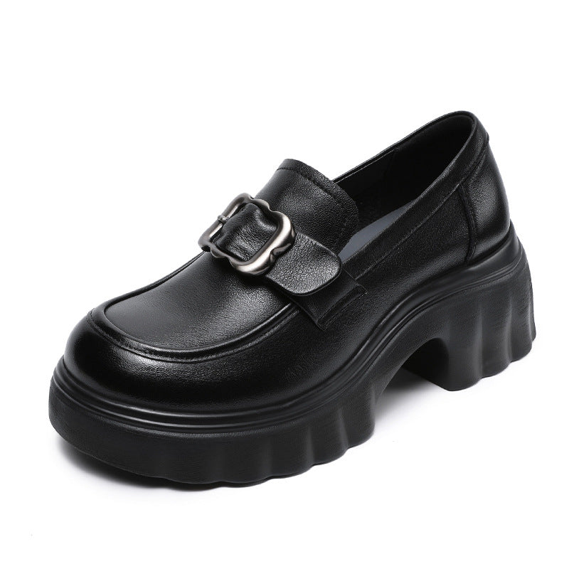 Women Retro Leather Chunky Heel Casual Loafers-RAIIFY