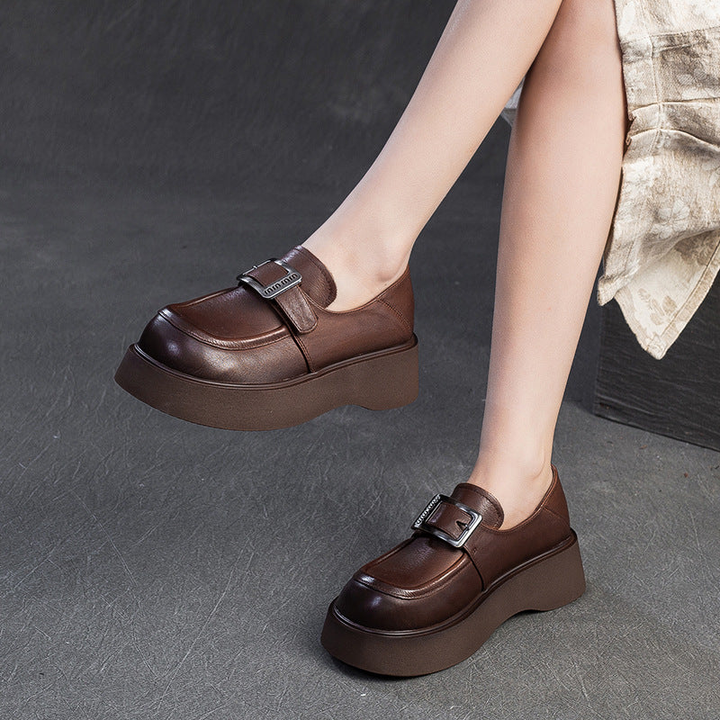 Women Minimalism Solid Leather Platform Casual Loafers-RAIIFY