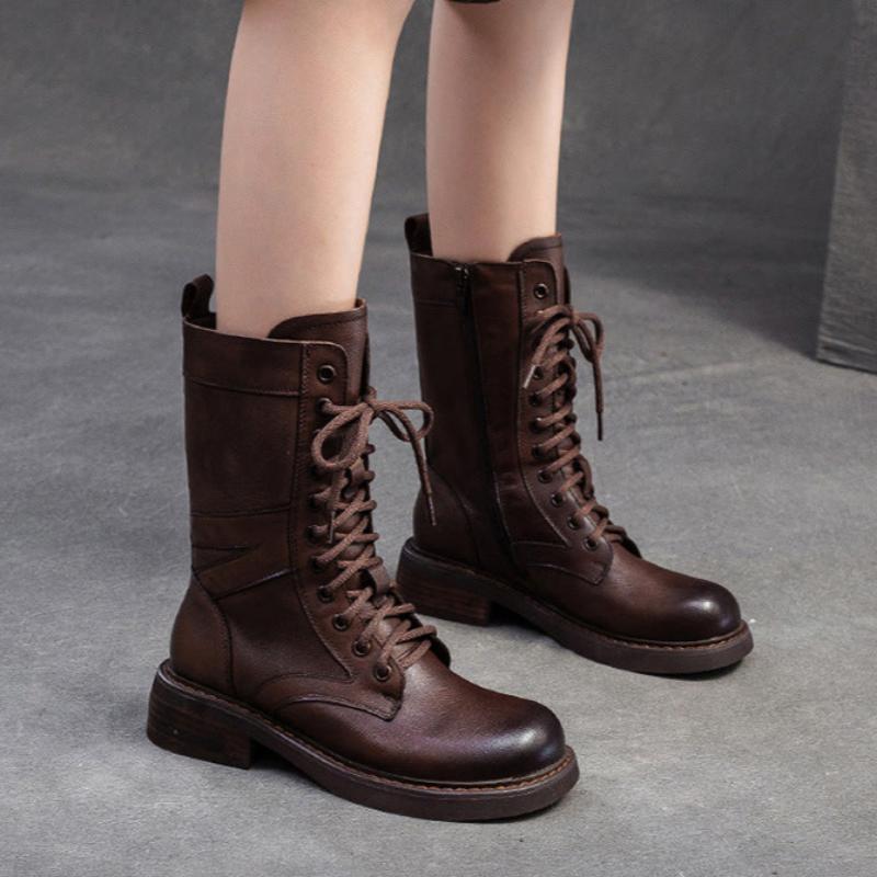 Women Vintage Fashion Leather Motorcycle Riding Boots-RAIIFY