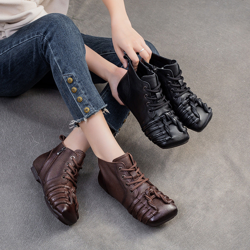 Women Retro Plaited Leather Soft Flat Ankle Boots-RAIIFY