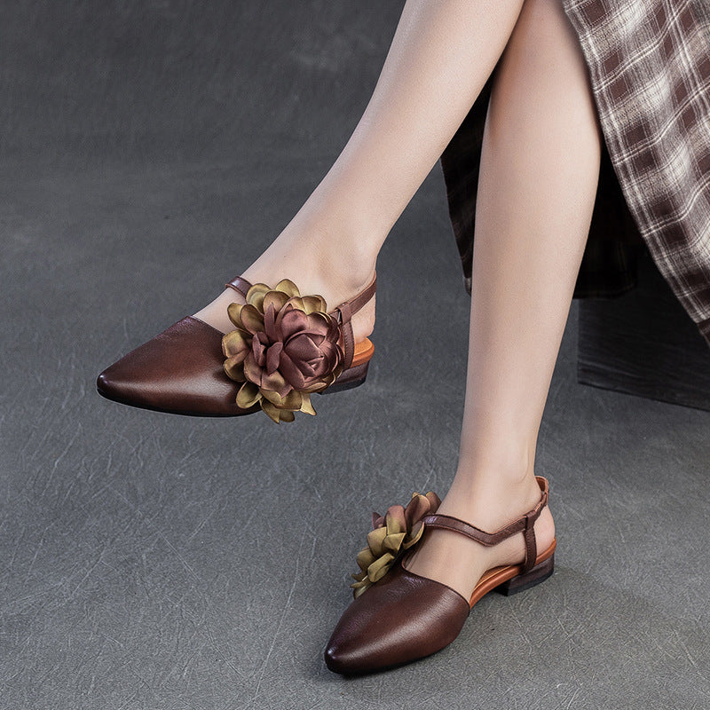 Women Retro Plain Leather Flower Pointed Toe Casual Sandals-RAIIFY