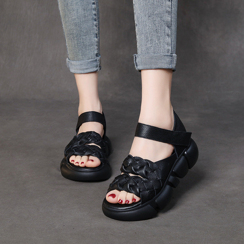 Women Retro Plaited Leather Casual Platform Sandals-RAIIFY