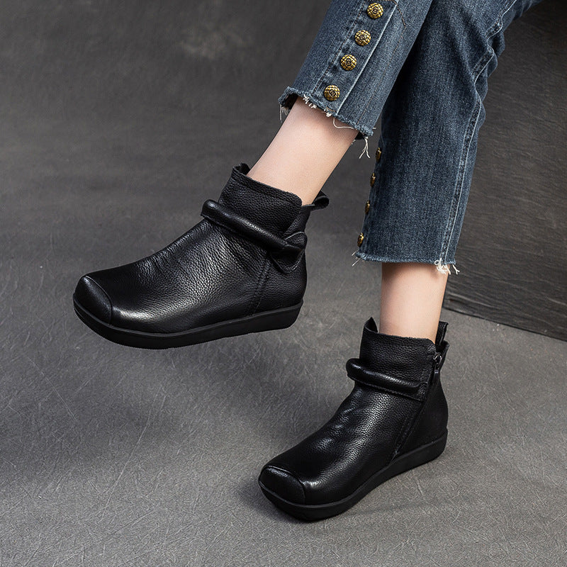 Women Vintage Leather Flat Ankle Boots-RAIIFY