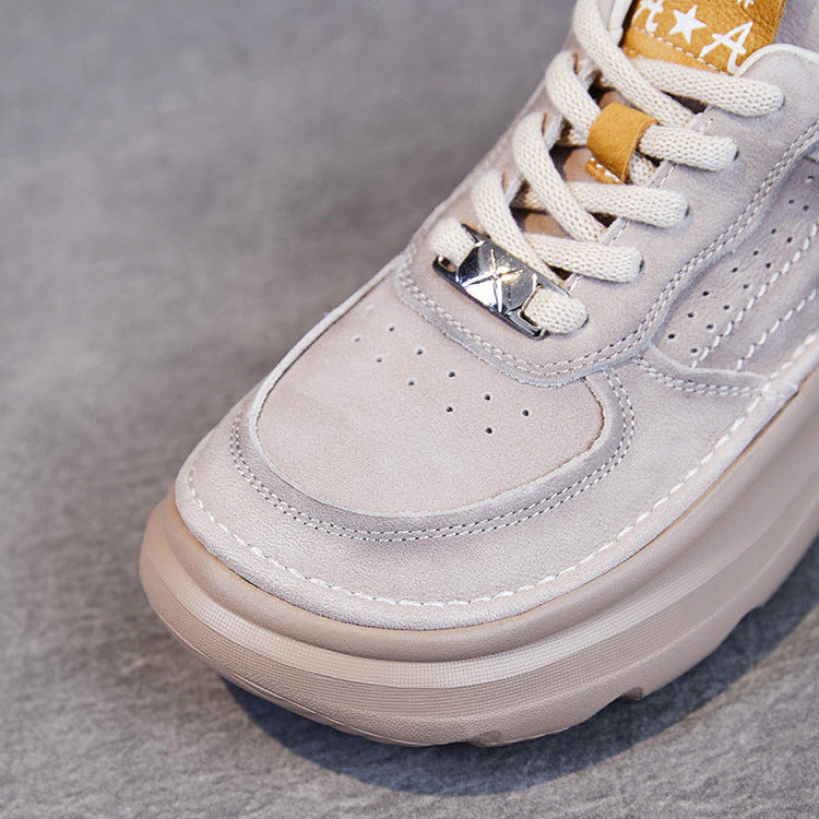 Women Genuine Leather Thick Sole Retro Lace Up Sneakers-RAIIFY