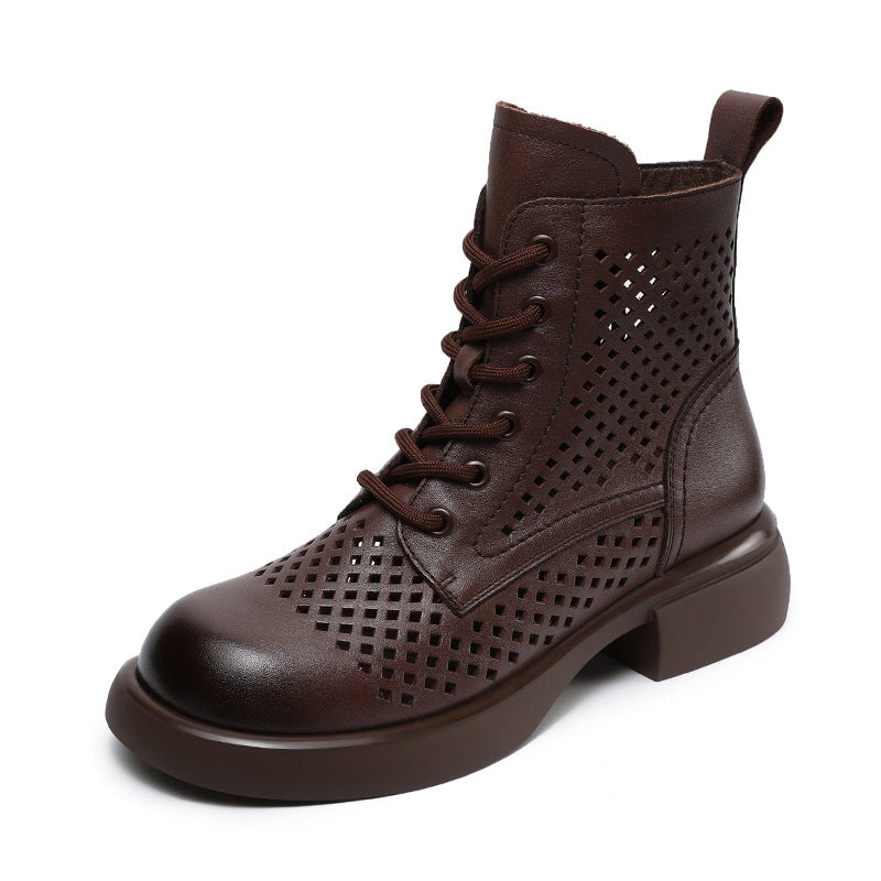 Women Retro Plain Hollow Leather Breathable Boots-RAIIFY