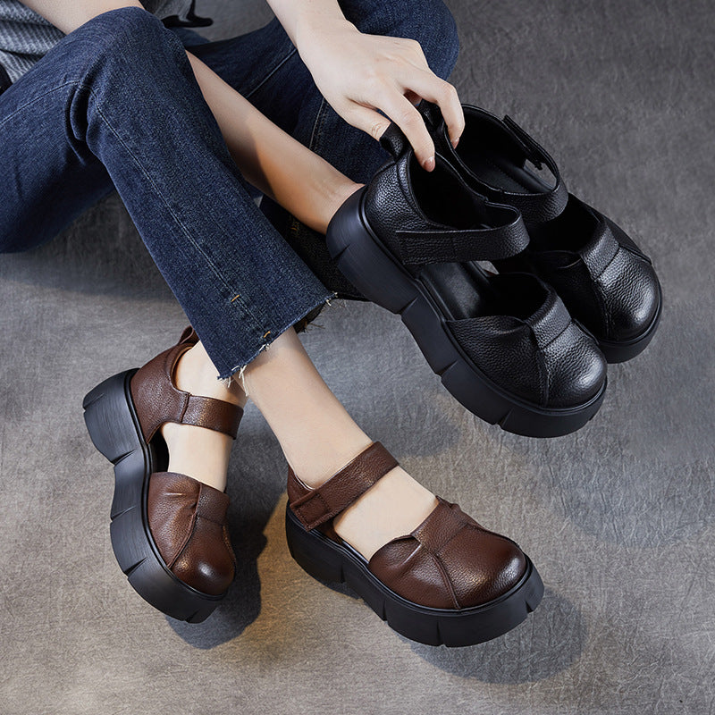 Women Retro Round Head Leather Platform Casual Sandals-RAIIFY