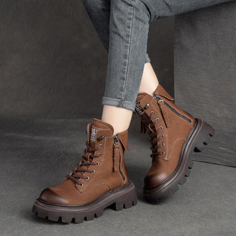 Women Retro Classic Solid Leather Work Casual Boots-RAIIFY