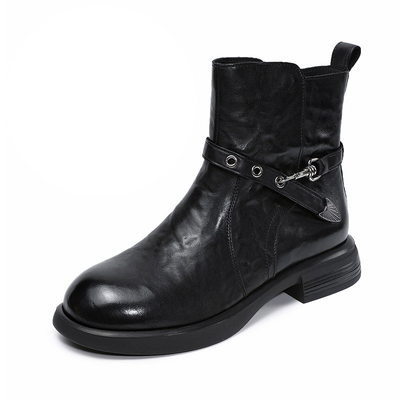 Women's Vintage Furred Plain Leather Ankle Boots-RAIIFY
