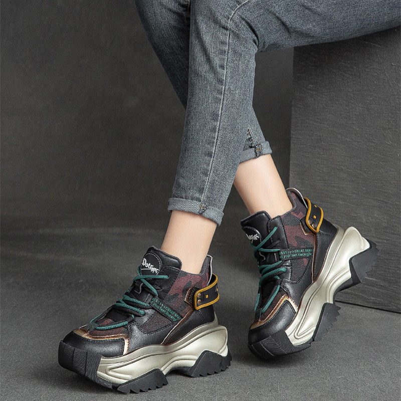 Women Retro Fashion Leather Chunky Platform Dad Shoes-RAIIFY