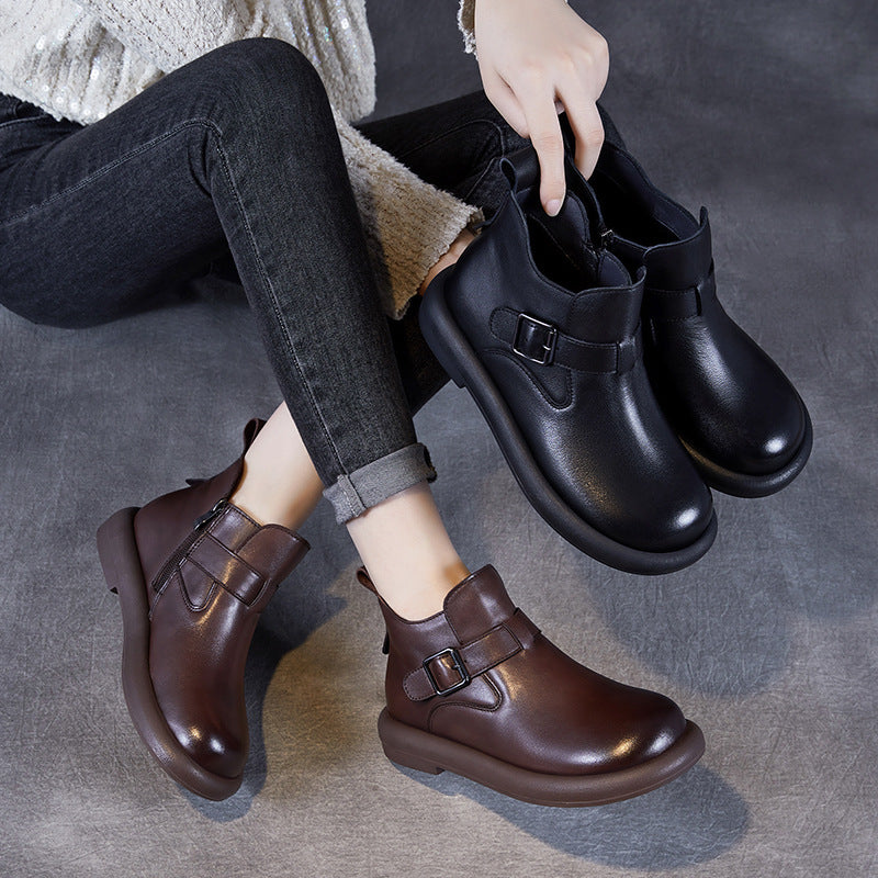 Women Solid Leather Soft Casual Ankle Boots-RAIIFY