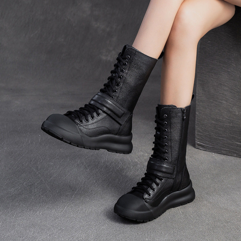 Women Retro Soft Leather Platform Mid-Calf Boots-RAIIFY