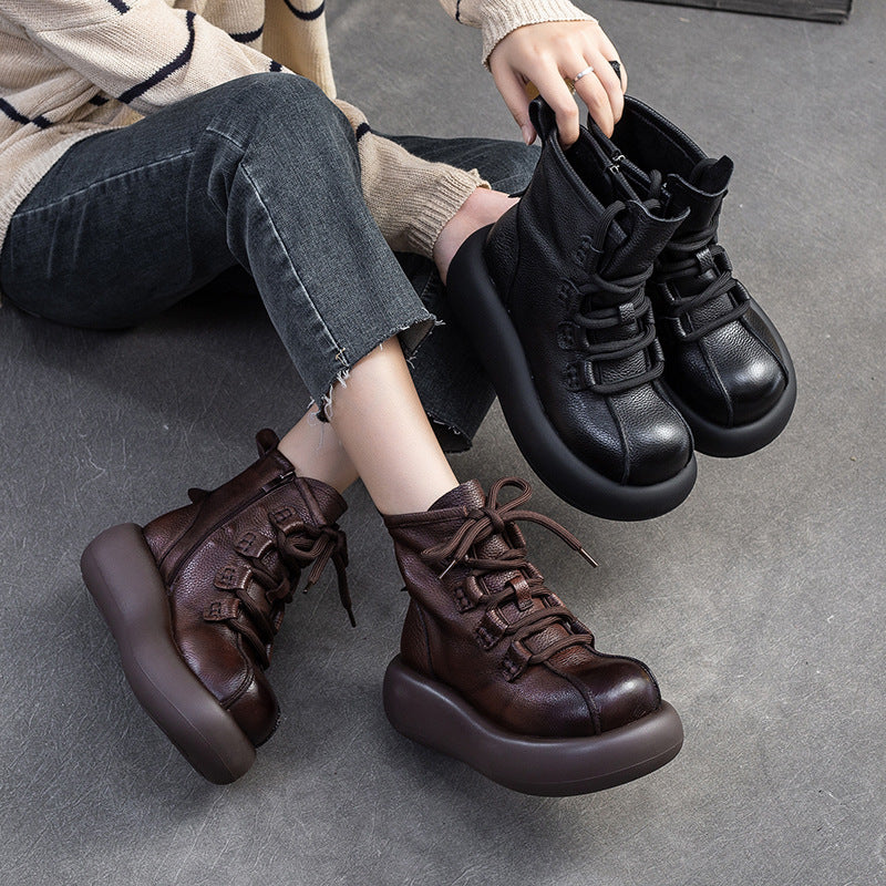 Women Retro Minimalism Leather Platform Boots-RAIIFY