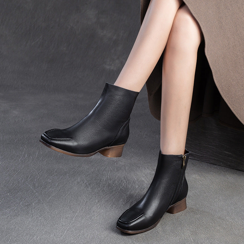 Women Vintage Solid Soft Leather Low Block Ankle Boots-RAIIFY