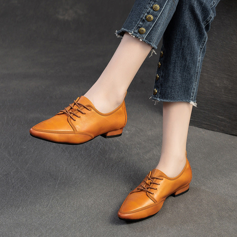 Women Retro Solid Leather Pointed Toe Work Shoes-RAIIFY