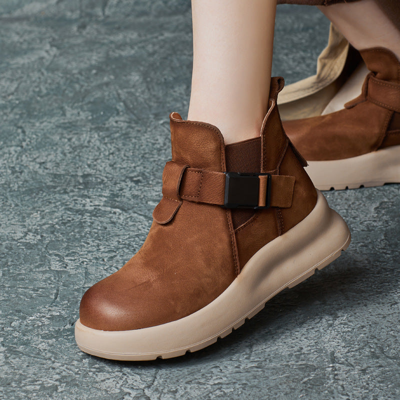 Women Retro Solid Leather Buckle Ankle Boots-RAIIFY