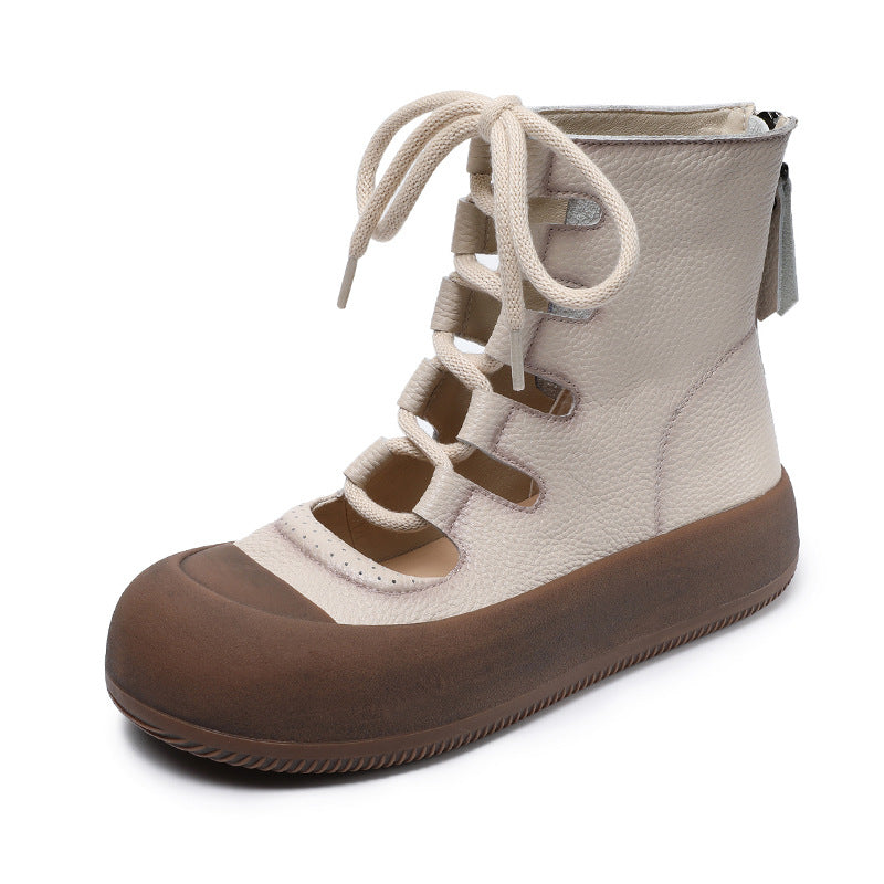 Women Retro Plain Hollow Leather Ankle Boots-RAIIFY