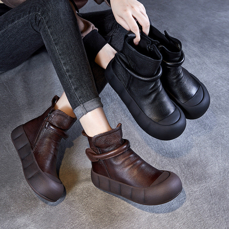 Women Retro Solid Leather Soft Platform Boots-RAIIFY