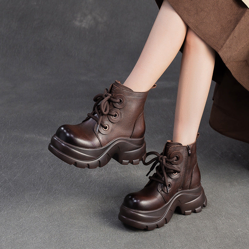 Women's Retro Plain Leather Platform Motorcycle Boots-RAIIFY