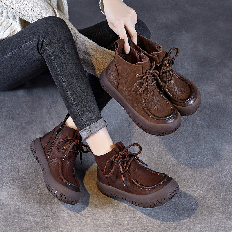 Women Retro Soft Leather Casual Flat Ankle Boots-RAIIFY