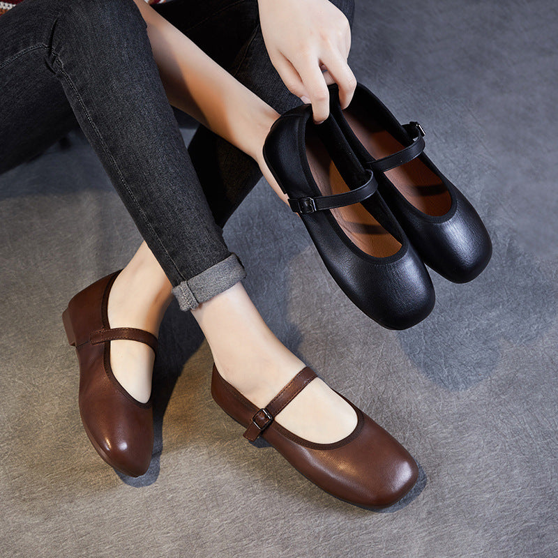 Women Retro Minimalist Soft Leather Buckle Flats-RAIIFY